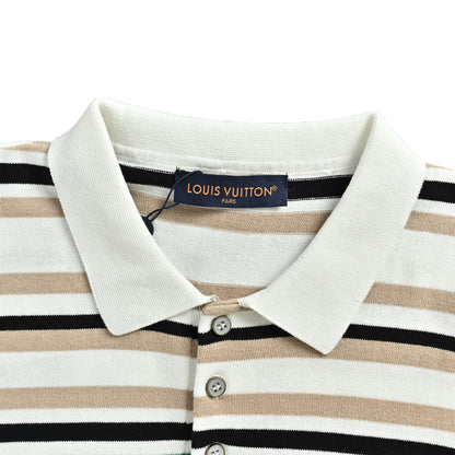 Louis Vuitton 26ss leather brand striped knitted Polo short sleeves