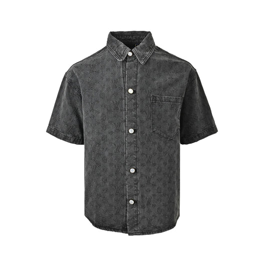 Louis Vuitton 26ss dark pattern presbyopia suit denim short-sleeved shirt