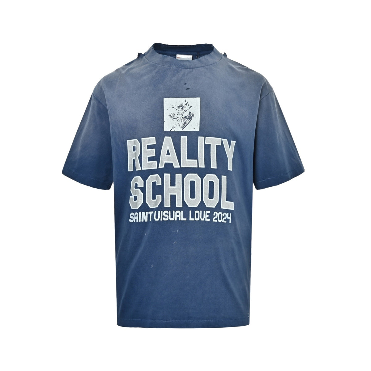 SAINT MICHAEL 25ss blue washed distressed slogan printed short sleeves