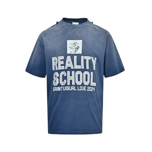 SAINT MICHAEL 25ss blue washed distressed slogan printed short sleeves