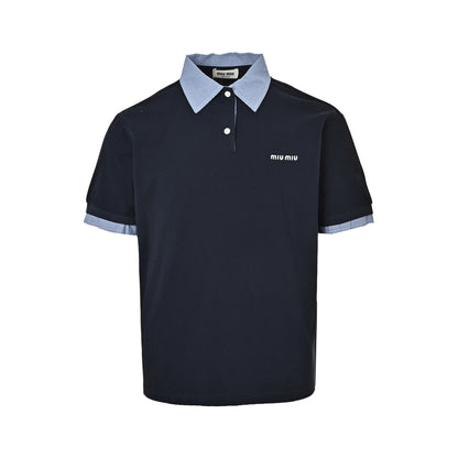 Miu Miu blue plaid lapel fake two-piece Polo short sleeves