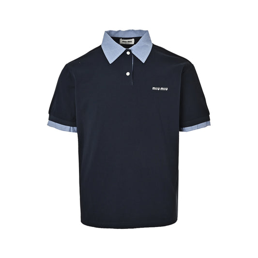 Miu Miu blue plaid lapel fake two-piece Polo short sleeves