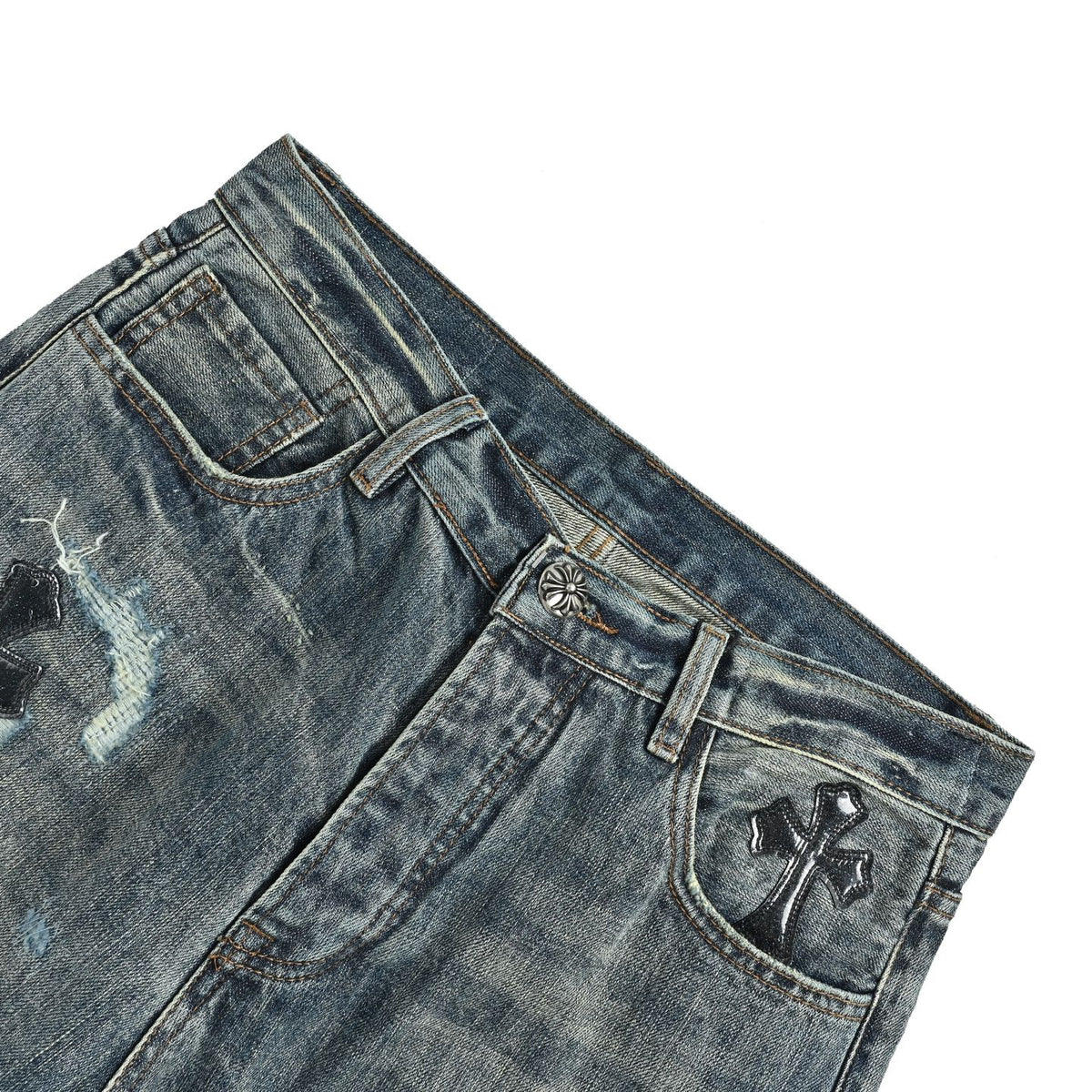 CHROME HEARTS cross leather label distressed jeans