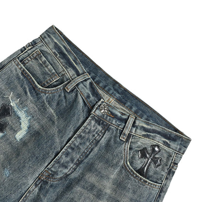 CHROME HEARTS cross leather label distressed jeans