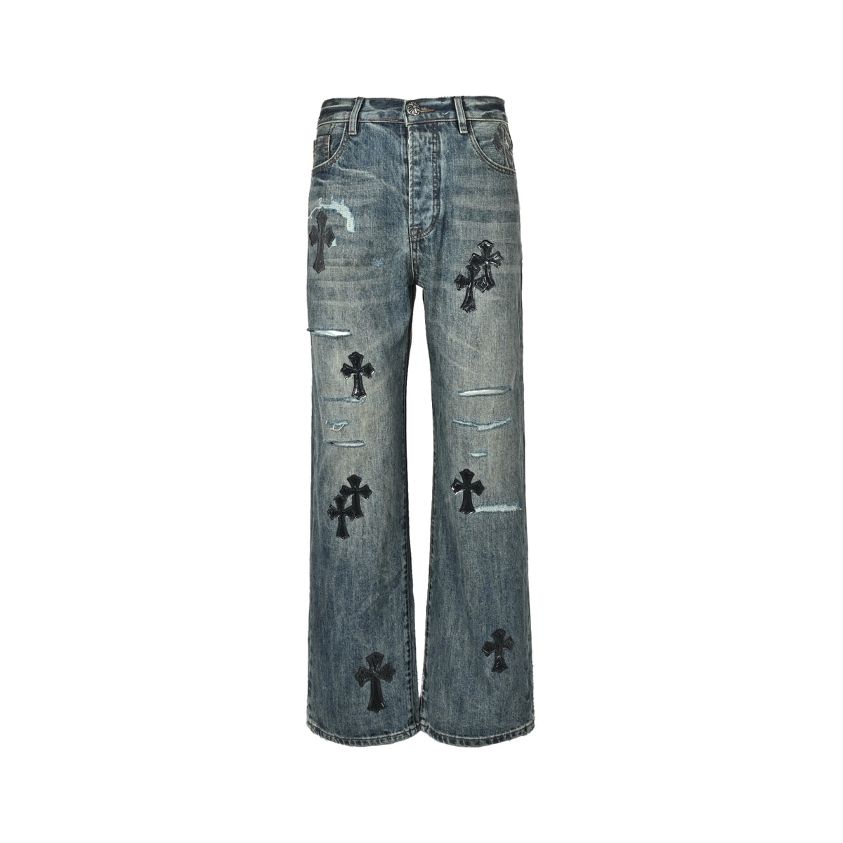 CHROME HEARTS cross leather label distressed jeans