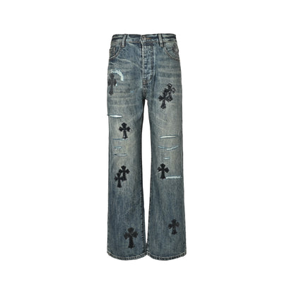 CHROME HEARTS cross leather label distressed jeans