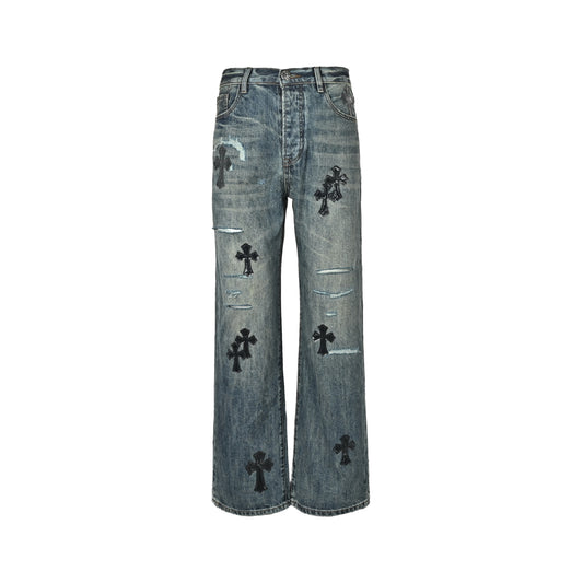 CHROME HEARTS cross leather label distressed jeans